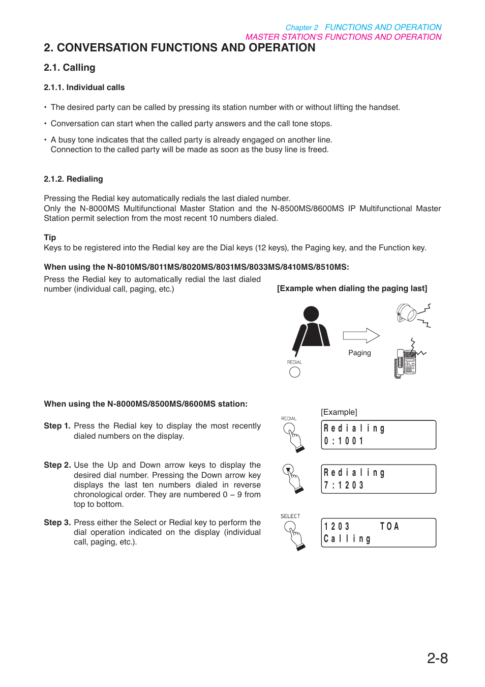 Conversation functions and operation, Calling, P. 2-8 | Toa N-8000 Series User Manual | Page 119 / 652