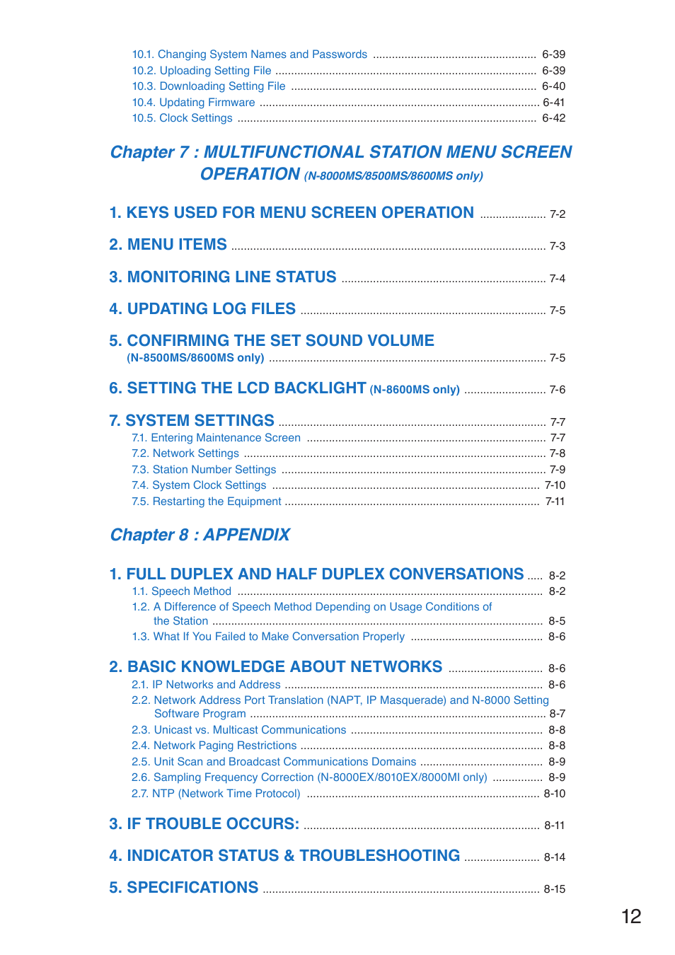 Chapter 8 : appendix, Keys used for menu screen operation, Menu items | Monitoring line status, Updating log files, Confirming the set sound volume, Setting the lcd backlight, System settings, Full duplex and half duplex conversations, Basic knowledge about networks | Toa N-8000 Series User Manual | Page 12 / 652