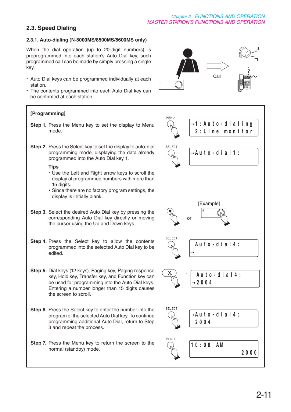 Speed dialing, P. 2-11 | Toa N-8000 Series User Manual | Page 122 / 652