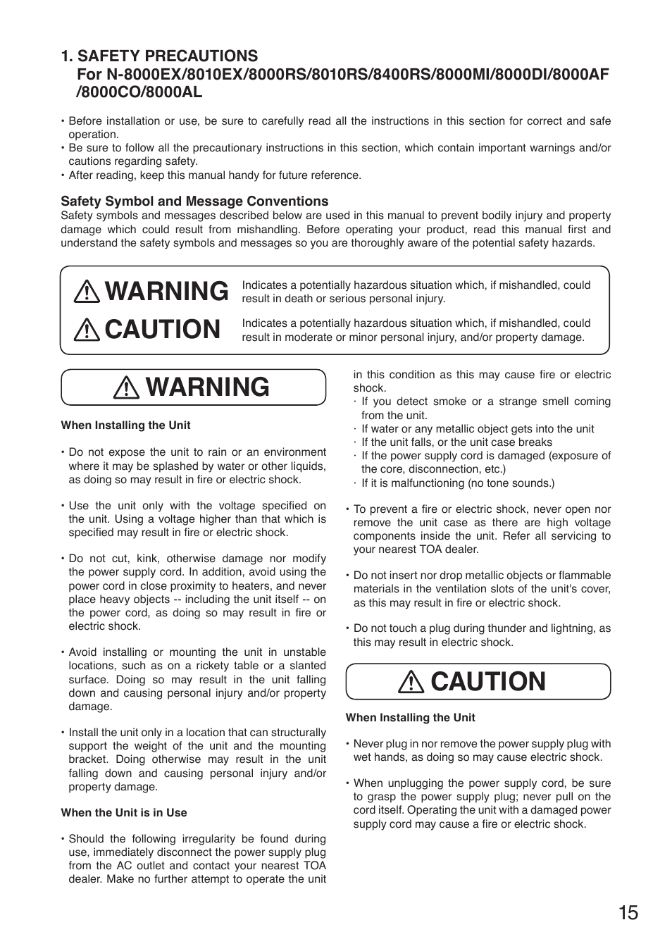 Safety precautions, For n-8000ex/8010ex/8000rs/8010rs/8400rs/8000mi, 8000di/8000af/8000co/8000al | Warning caution warning, Caution | Toa N-8000 Series User Manual | Page 15 / 652