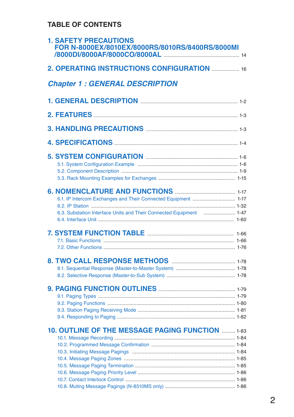 Chapter 1 : general description, Operating instructions configuration, General description | Features, Handling precautions, Specifications, System configuration, Nomenclature and functions, System function table, Two call response methods | Toa N-8000 Series User Manual | Page 2 / 652