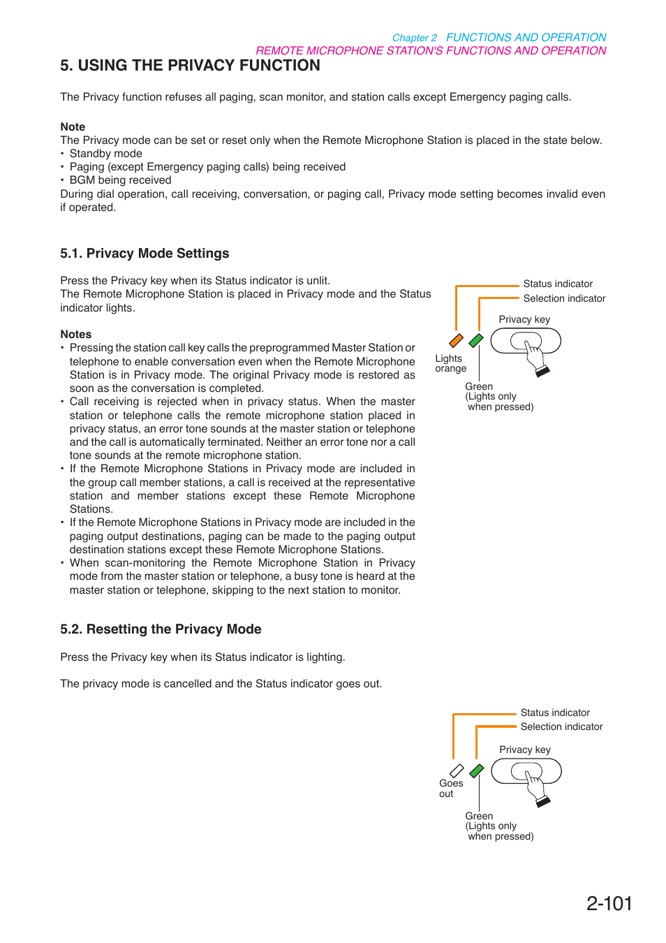 Using the privacy function, Privacy mode settings, Resetting the privacy mode | P. 2-101 | Toa N-8000 Series User Manual | Page 212 / 652