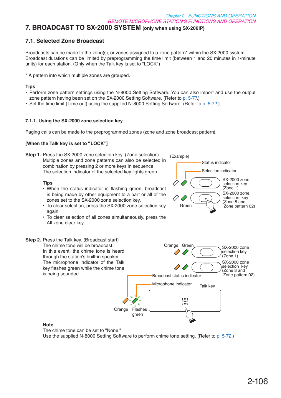 Selected zone broadcast, Broadcast to sx-2000 system, Only when using sx-200ip) | P. 2-106 | Toa N-8000 Series User Manual | Page 217 / 652