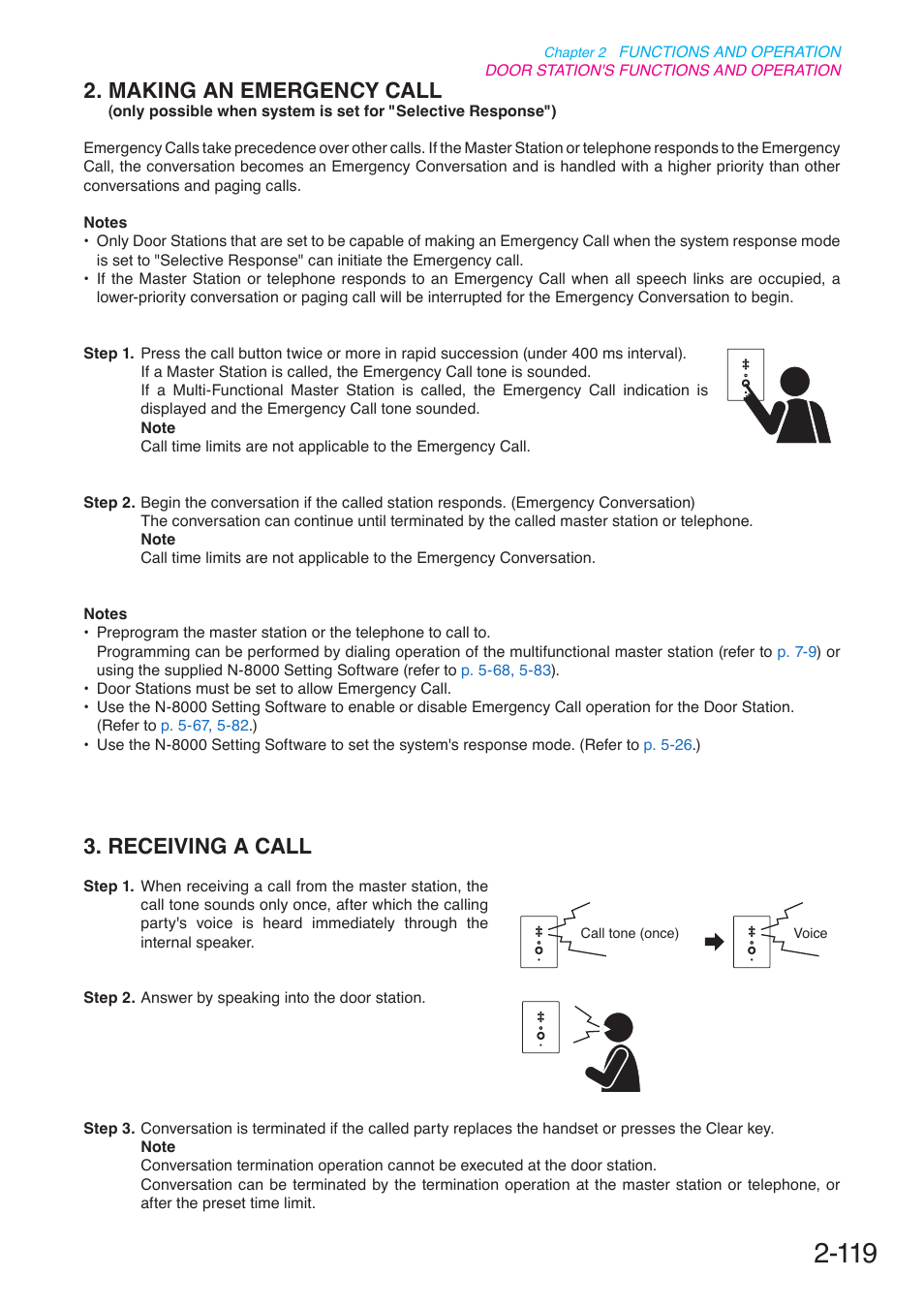 Receiving a call, Making an emergency call, Only possible when system is set | For "selective response"), P. 2-119 | Toa N-8000 Series User Manual | Page 230 / 652