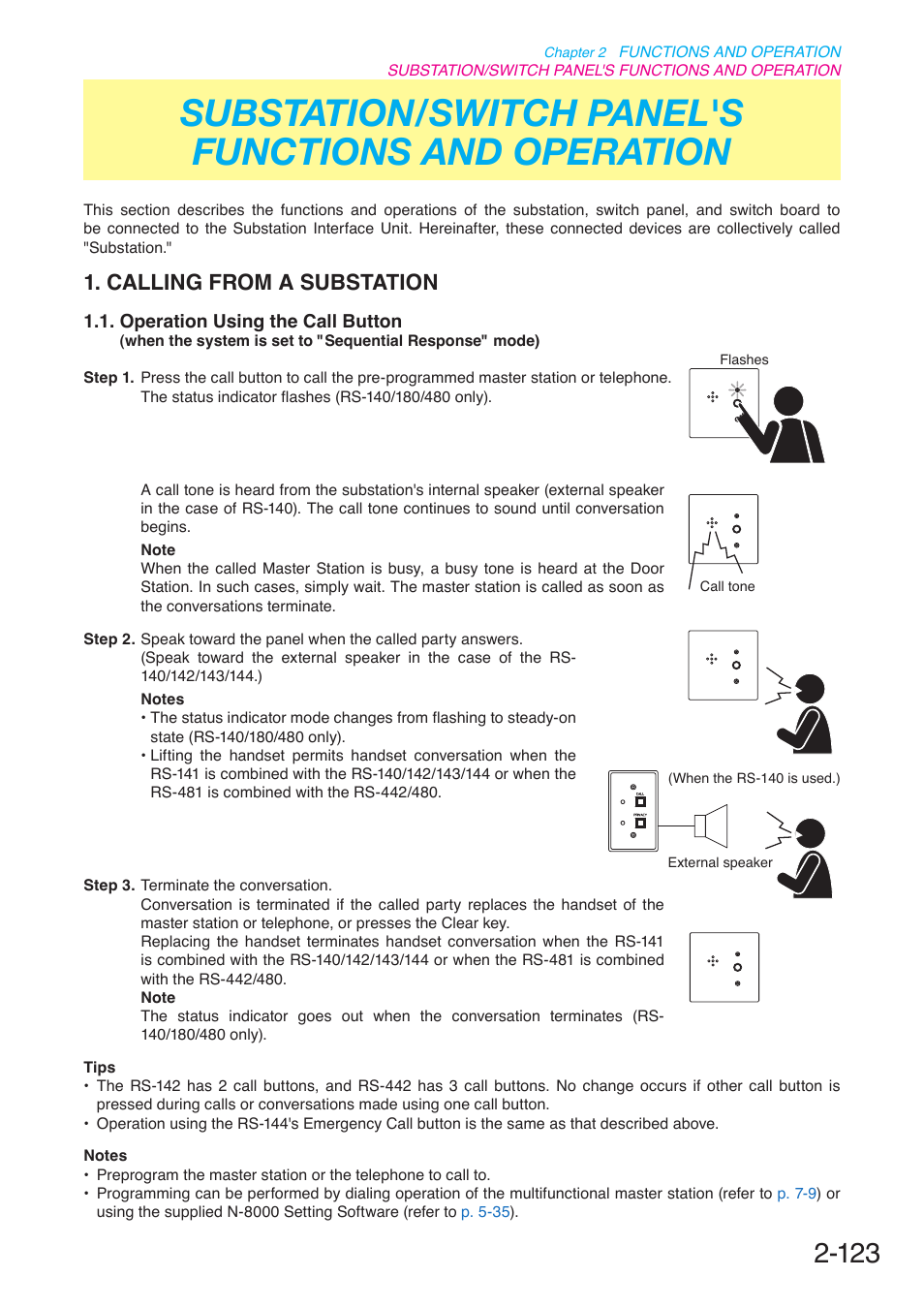 Substation/switch panel's functions and operation, Calling from a substation, Operation using the call button | P. 2-123 | Toa N-8000 Series User Manual | Page 234 / 652