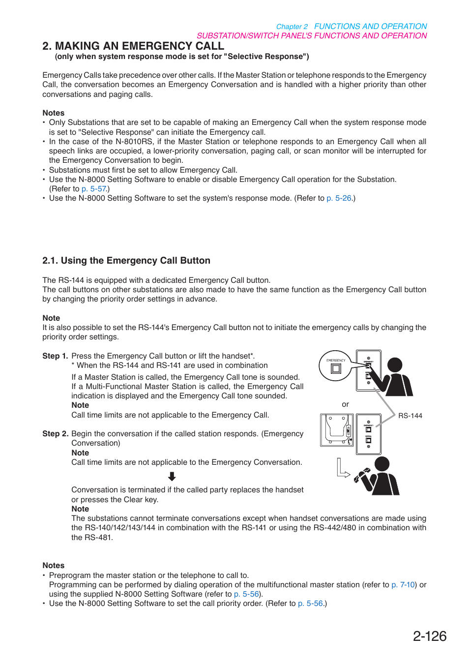 Using the emergency call button, Making an emergency call, P. 2-126 | Toa N-8000 Series User Manual | Page 237 / 652