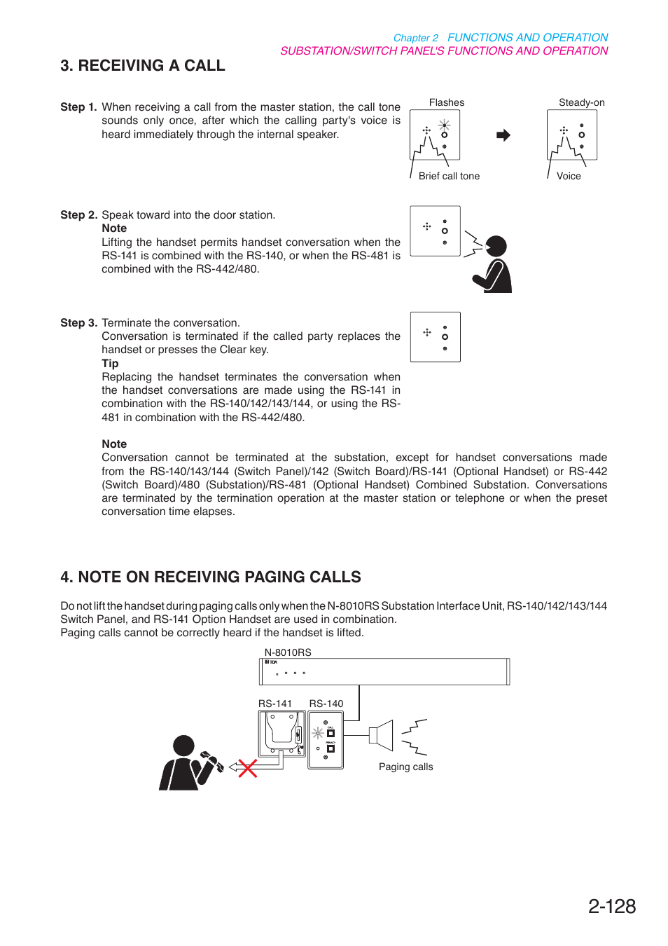 Receiving a call, Note on receiving paging calls, P. 2-128 | Toa N-8000 Series User Manual | Page 239 / 652