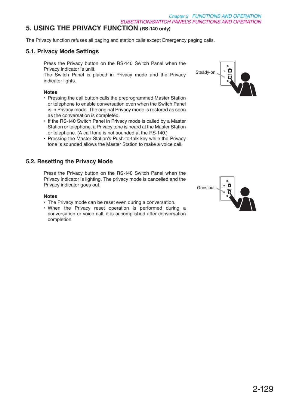 Using the privacy function (rs-140 only), Privacy mode settings, Resetting the privacy mode | Using the privacy function, Rs-140 only), P. 2-129 | Toa N-8000 Series User Manual | Page 240 / 652