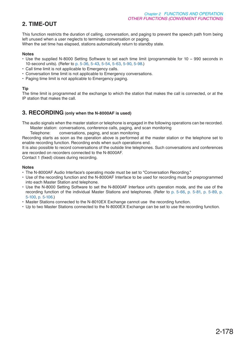 Time-out, Recording (only when the n-8000af is used), Recording | Only when the n-8000af is used), P. 2-178 | Toa N-8000 Series User Manual | Page 289 / 652