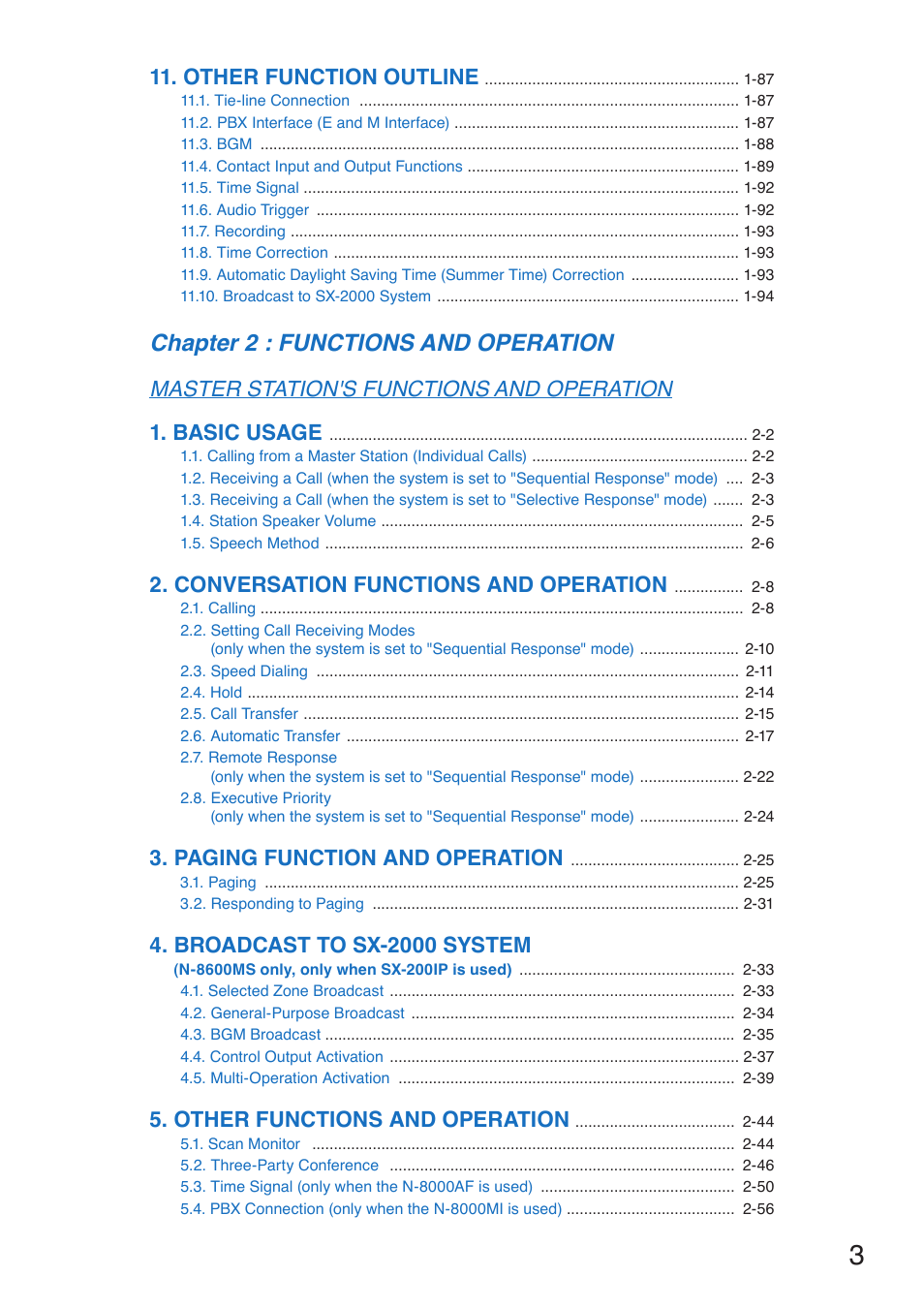 Chapter 2 : functions and operation, Other function outline, Conversation functions and operation | Paging function and operation, Broadcast to sx-2000 system, Other functions and operation | Toa N-8000 Series User Manual | Page 3 / 652