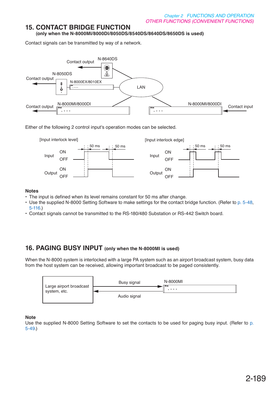 Paging busy input (only when the n-8000mi is used), Contact bridge function, Only when the n-8000mi | 8000di/8050ds/8540ds/8640ds/8650ds is used), Paging busy input, Only when the n-8000mi is used), P. 2-189 | Toa N-8000 Series User Manual | Page 300 / 652