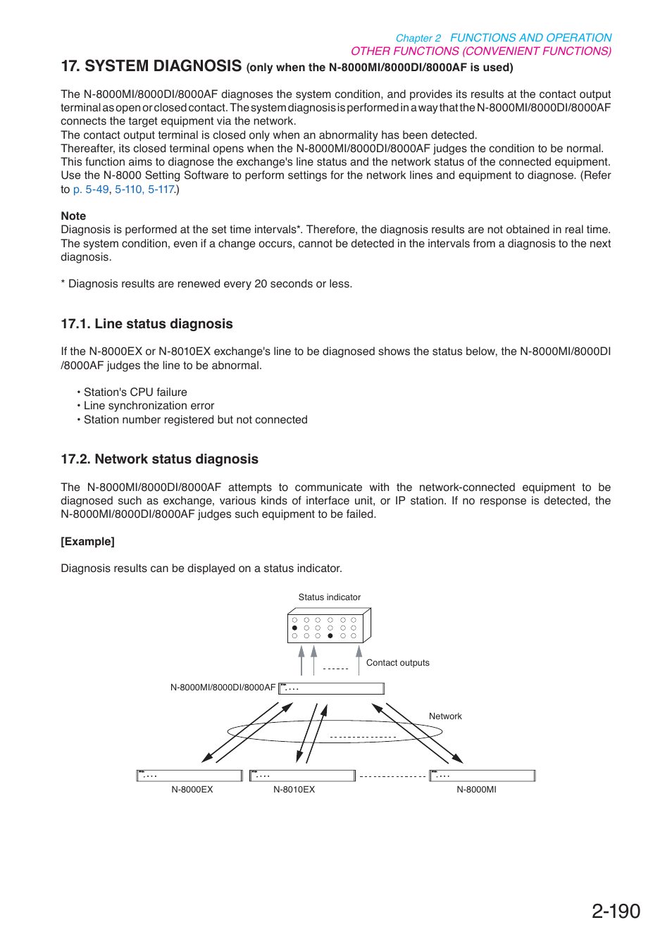 Line status diagnosis, Network status diagnosis, System diagnosis | Only when the n-8000mi/8000di/8000af is used), P. 2-190 | Toa N-8000 Series User Manual | Page 301 / 652