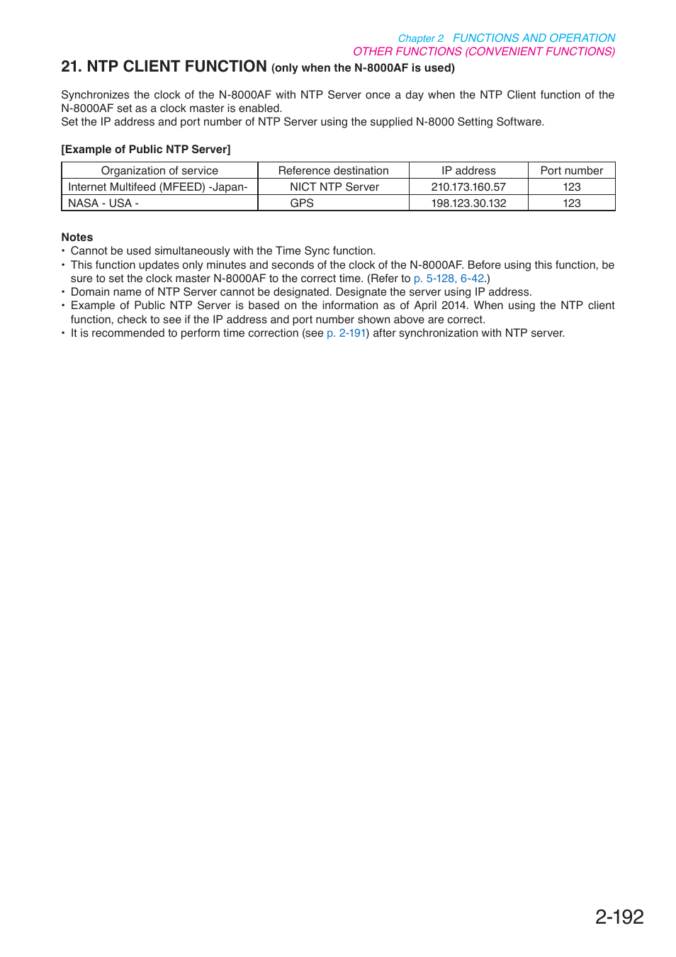 Ntp client function, Only when the n-8000af is used), P. 2-192 | Toa N-8000 Series User Manual | Page 303 / 652