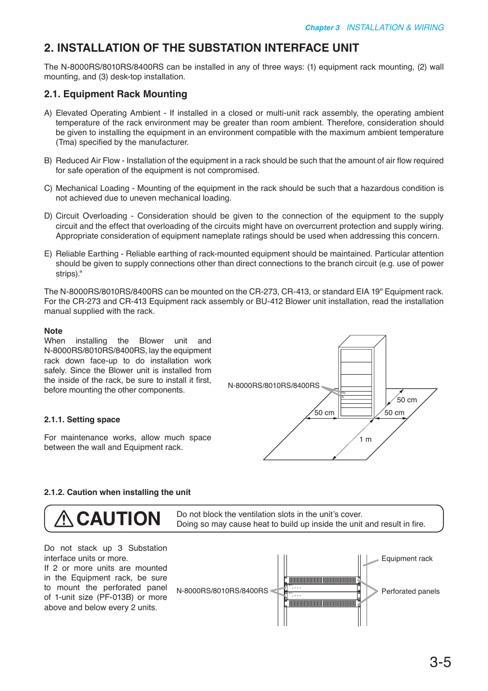 Installation of the substation interface unit, Equipment rack mounting, Installation of the substation interface | Unit, Caution | Toa N-8000 Series User Manual | Page 309 / 652