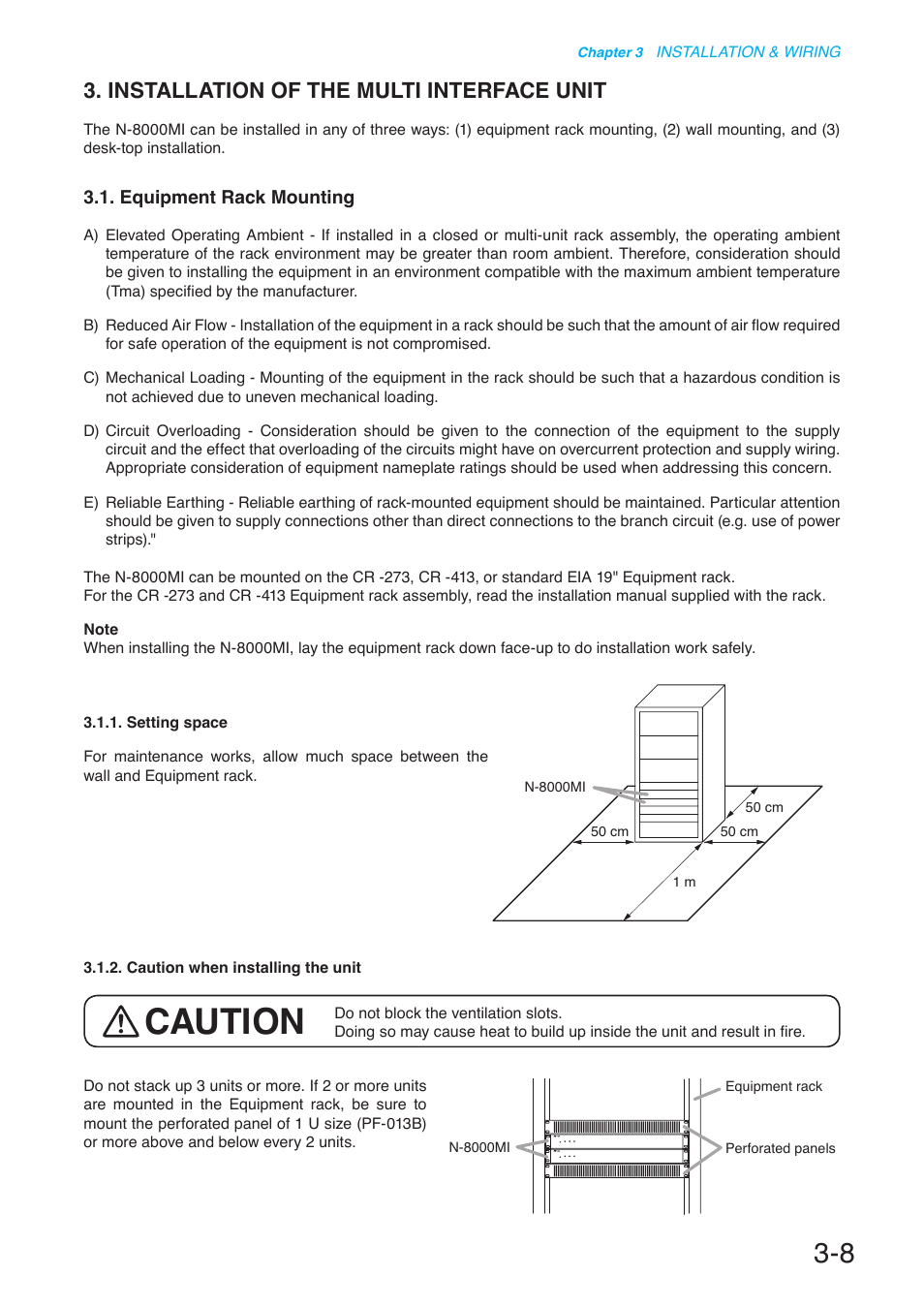 Installation of the multi interface unit, Equipment rack mounting, Caution | Toa N-8000 Series User Manual | Page 312 / 652