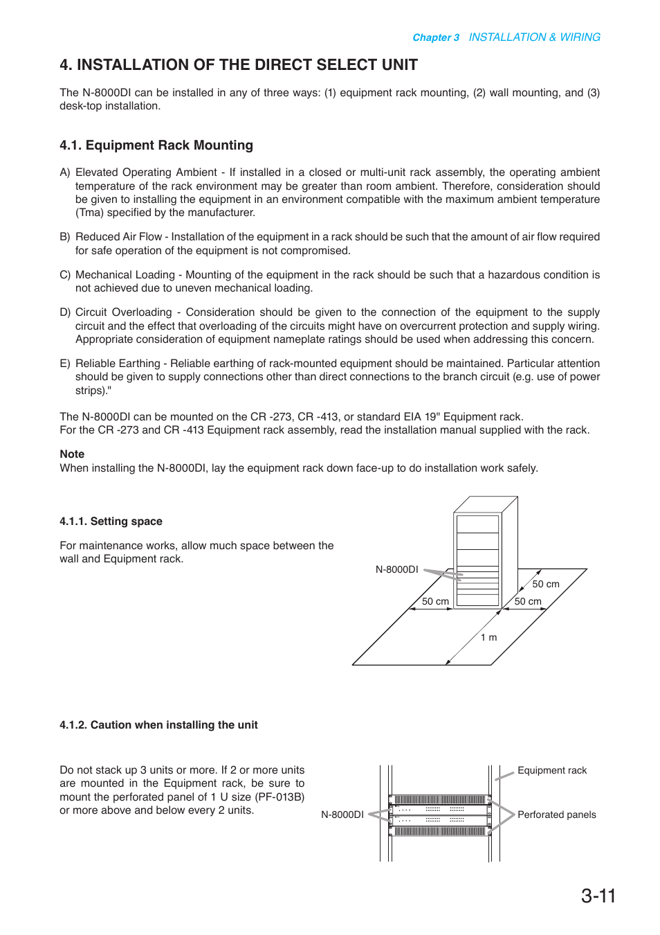 Installation of the direct select unit, Equipment rack mounting | Toa N-8000 Series User Manual | Page 315 / 652