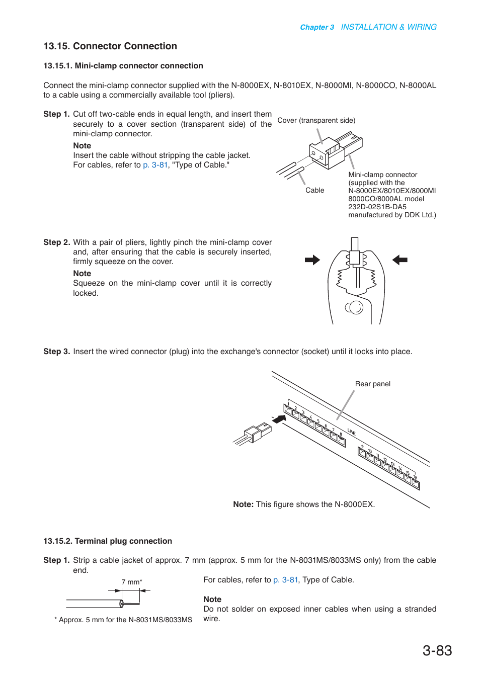 Connector connection, P. 3-83, Mini-clamp | Terminal plug connection | Toa N-8000 Series User Manual | Page 387 / 652