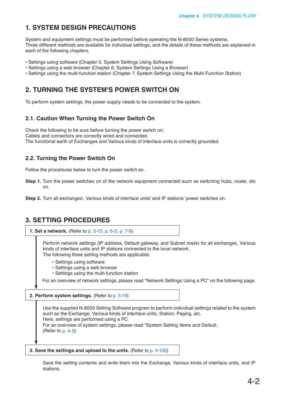 System design precautions, Turning the system's power switch on, Caution when turning the power switch on | Turning the power switch on, Setting procedures | Toa N-8000 Series User Manual | Page 390 / 652