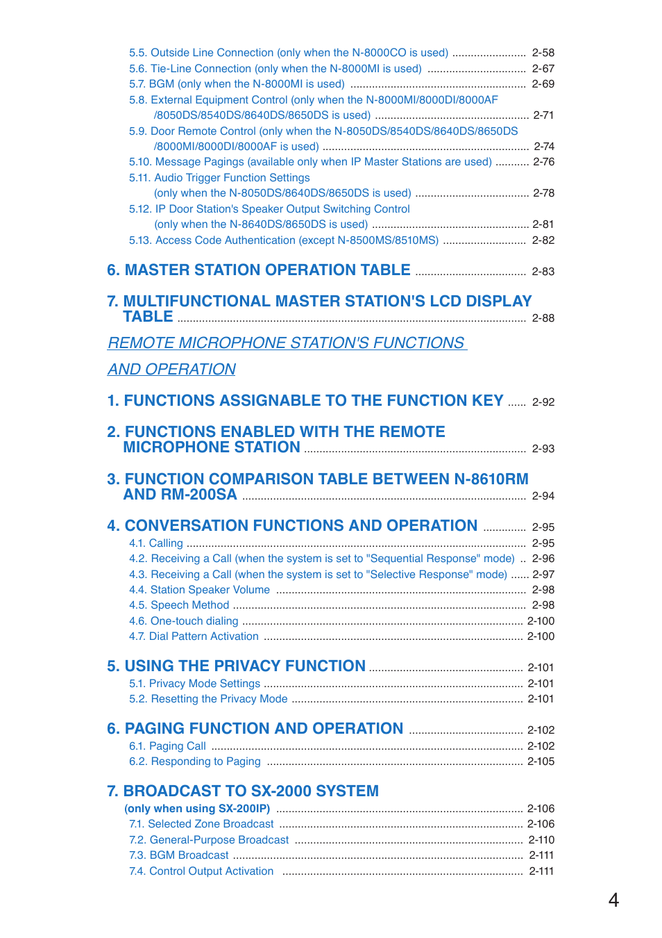 Master station operation table, Multifunctional master station's lcd display table, Conversation functions and operation | Using the privacy function, Paging function and operation, Broadcast to sx-2000 system | Toa N-8000 Series User Manual | Page 4 / 652