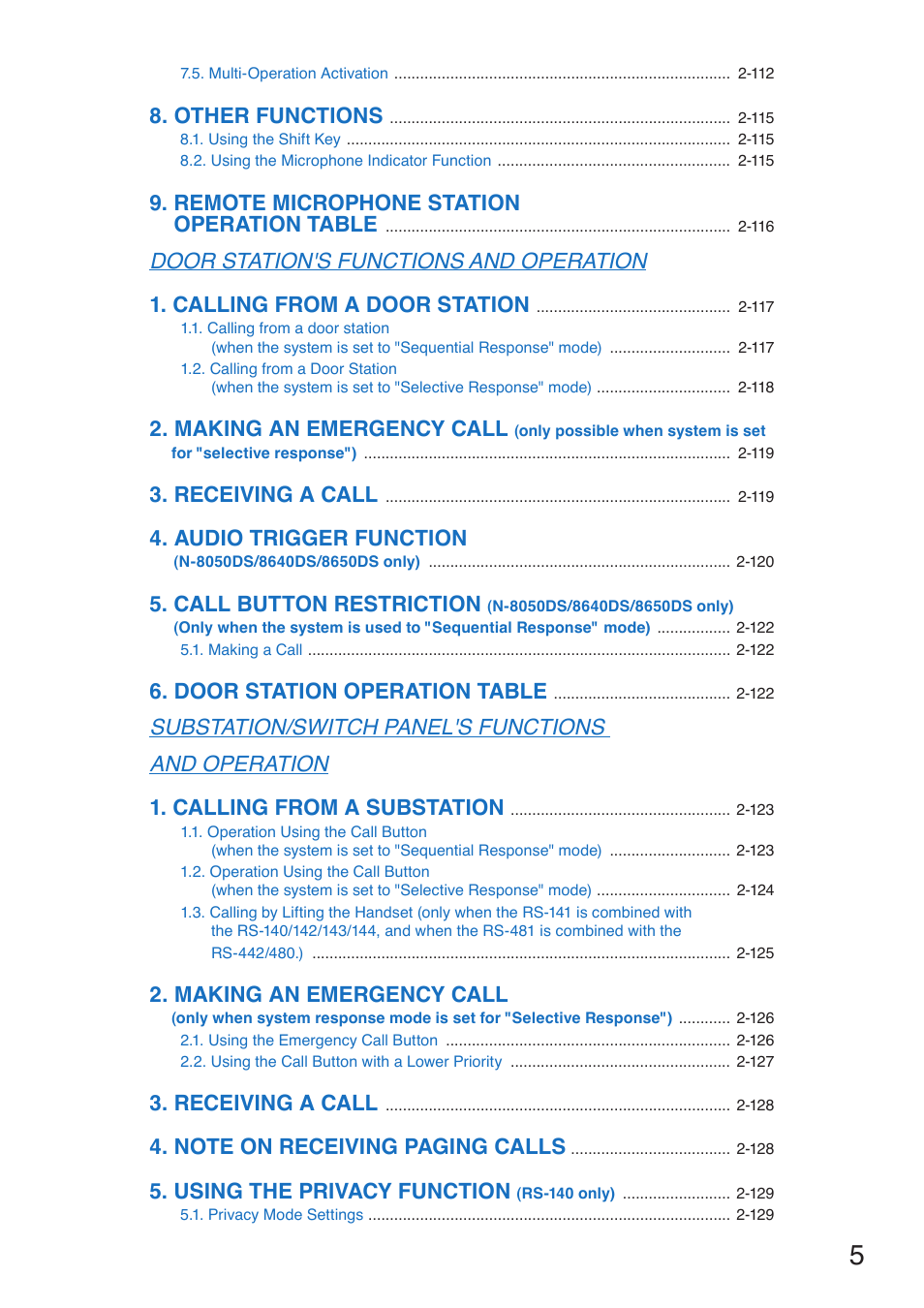 Other functions, Remote microphone station operation table, Making an emergency call | Receiving a call, Audio trigger function, Call button restriction, Door station operation table, Using the privacy function | Toa N-8000 Series User Manual | Page 5 / 652