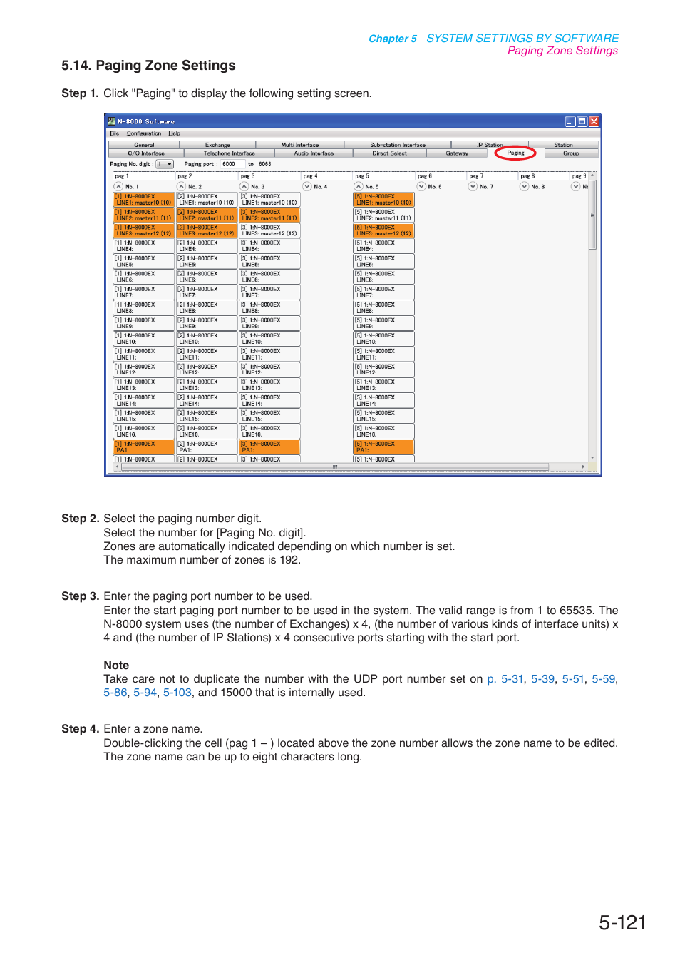 Paging zone settings, P. 5-121, P. 5-121, 5 | Toa N-8000 Series User Manual | Page 531 / 652