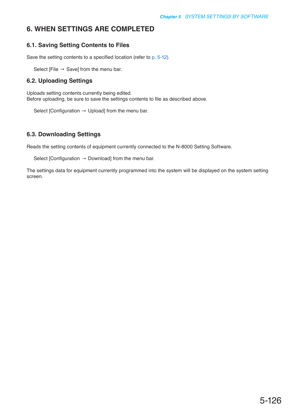 When settings are completed, Saving setting contents to files, Uploading settings | Downloading settings, P. 5-126 | Toa N-8000 Series User Manual | Page 536 / 652