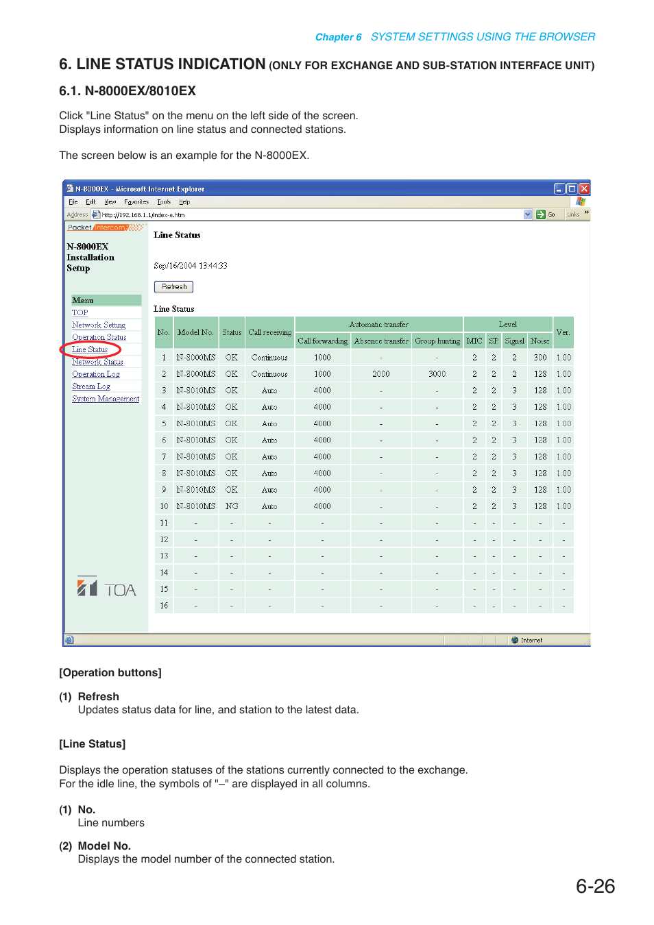 N-8000ex/8010ex, Line status indication (only for exchange, And sub-station interface unit) | Line status indication | Toa N-8000 Series User Manual | Page 573 / 652