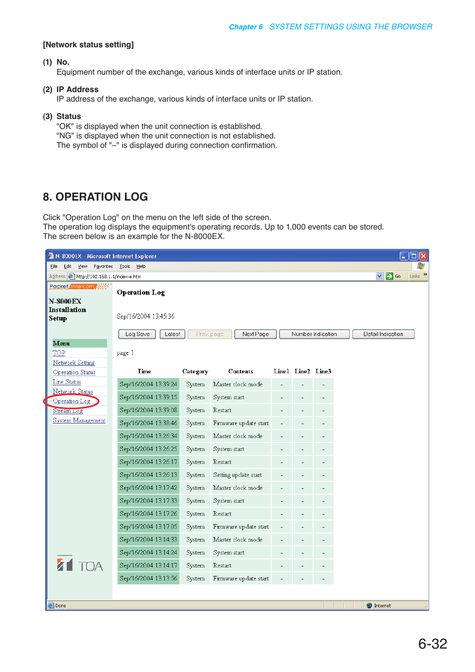 Operation log, P. 6-32 | Toa N-8000 Series User Manual | Page 579 / 652