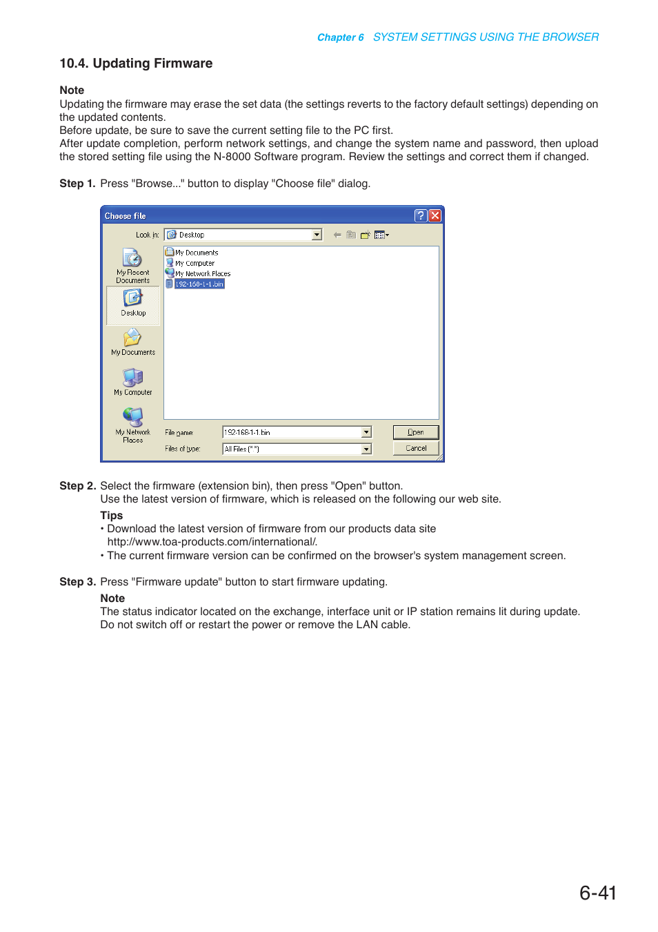 Updating firmware, P. 6-41 | Toa N-8000 Series User Manual | Page 588 / 652