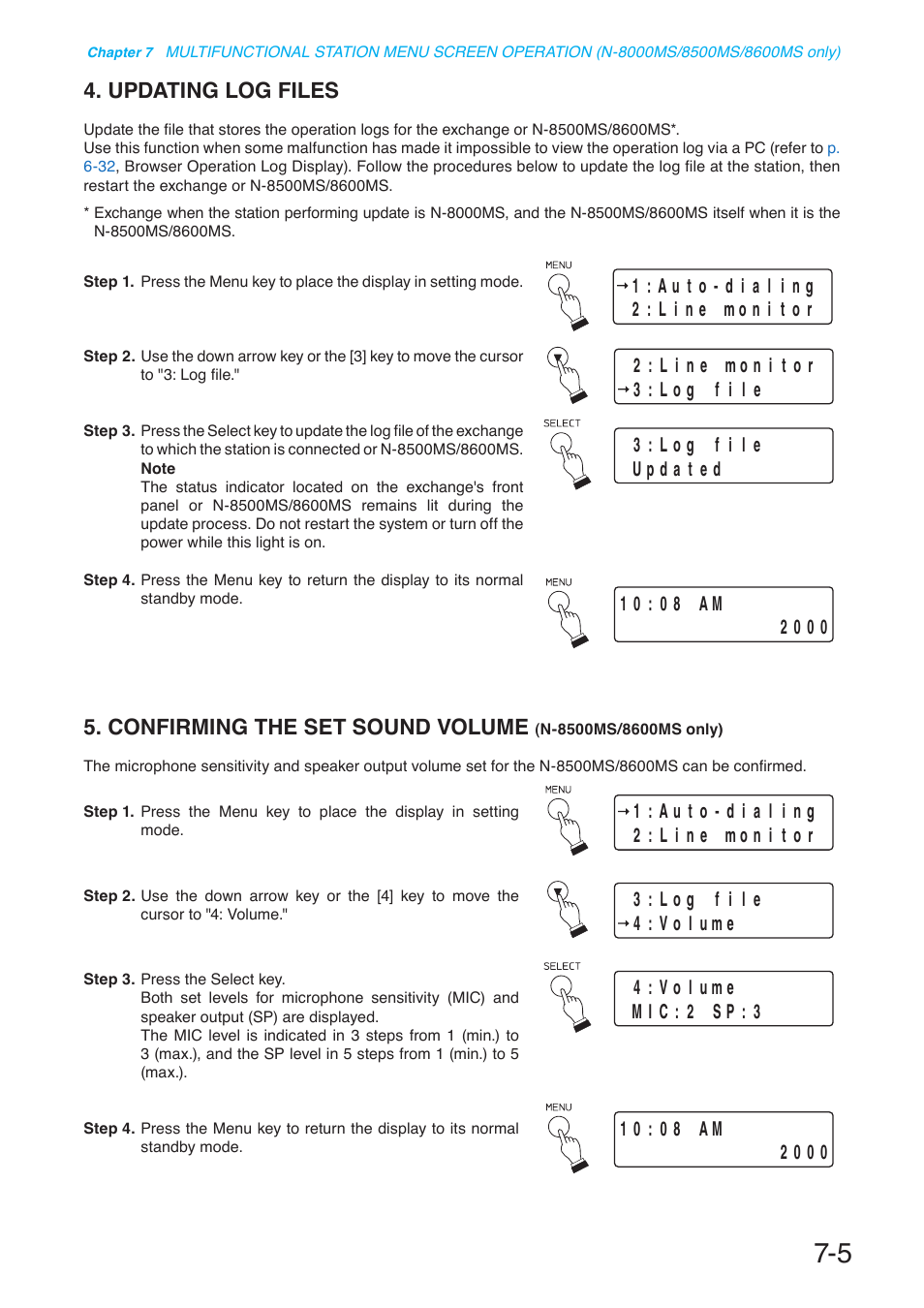 Updating log files, Confirming the set sound volume, N-8500ms/8600ms only) | P. 7-5 | Toa N-8000 Series User Manual | Page 594 / 652