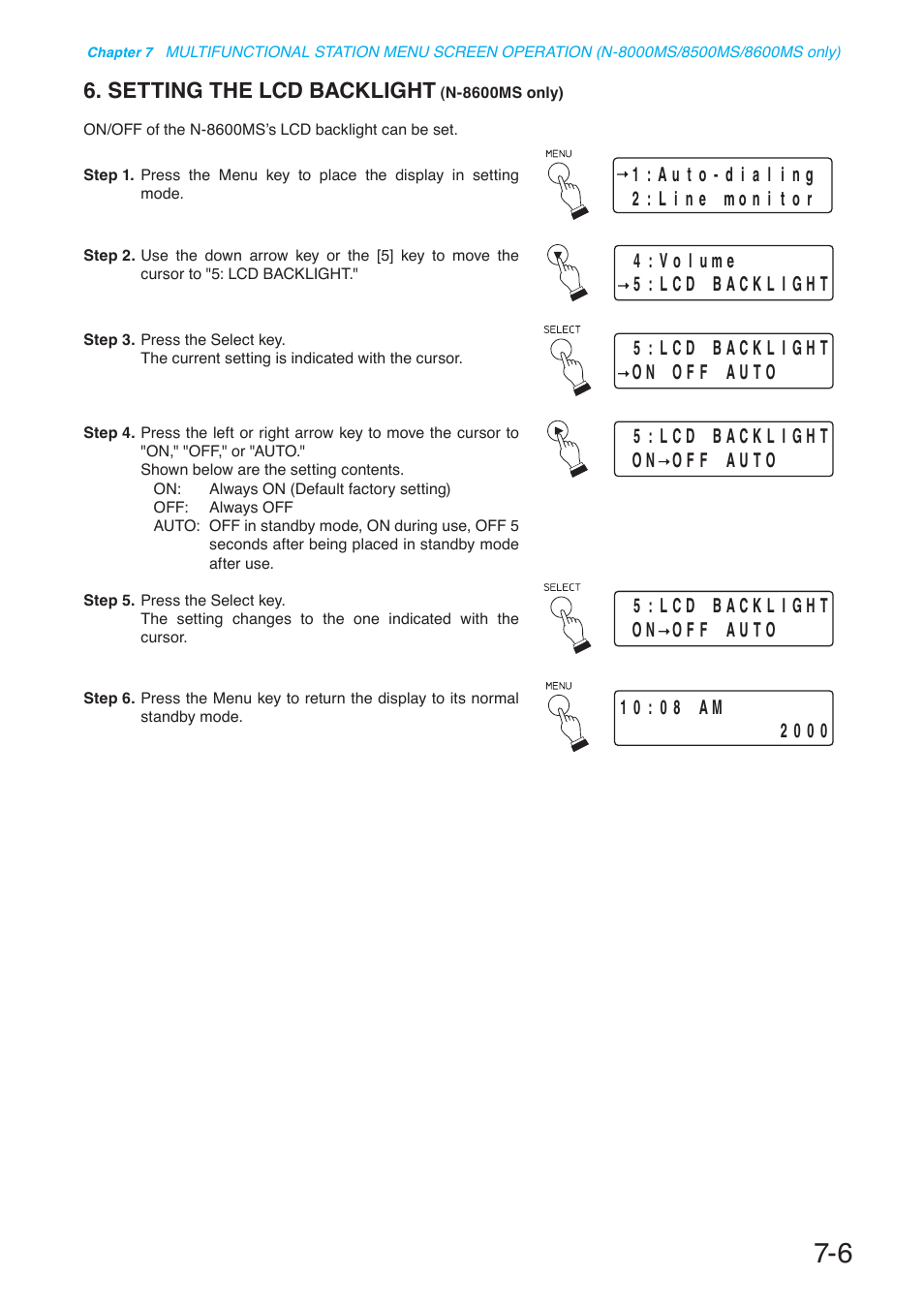 Setting the lcd backlight (n-8600ms only), Setting the lcd backlight, N-8600ms only) | Toa N-8000 Series User Manual | Page 595 / 652