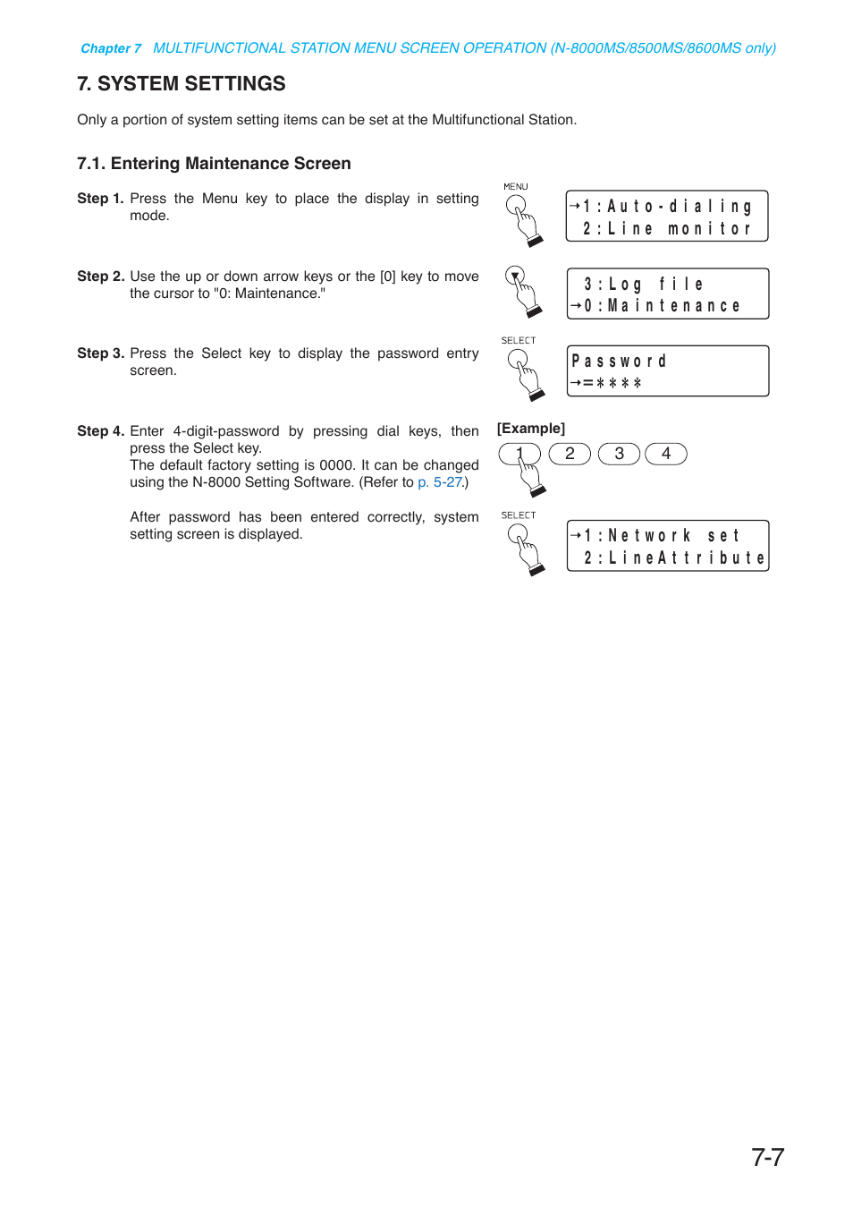 System settings, Entering maintenance screen, P. 7-7 | Toa N-8000 Series User Manual | Page 596 / 652