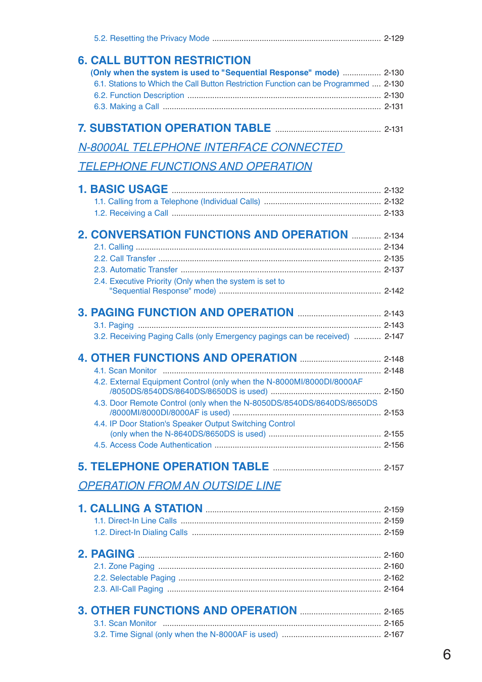 Call button restriction, Substation operation table, Conversation functions and operation | Paging function and operation, Other functions and operation, Telephone operation table, Paging | Toa N-8000 Series User Manual | Page 6 / 652