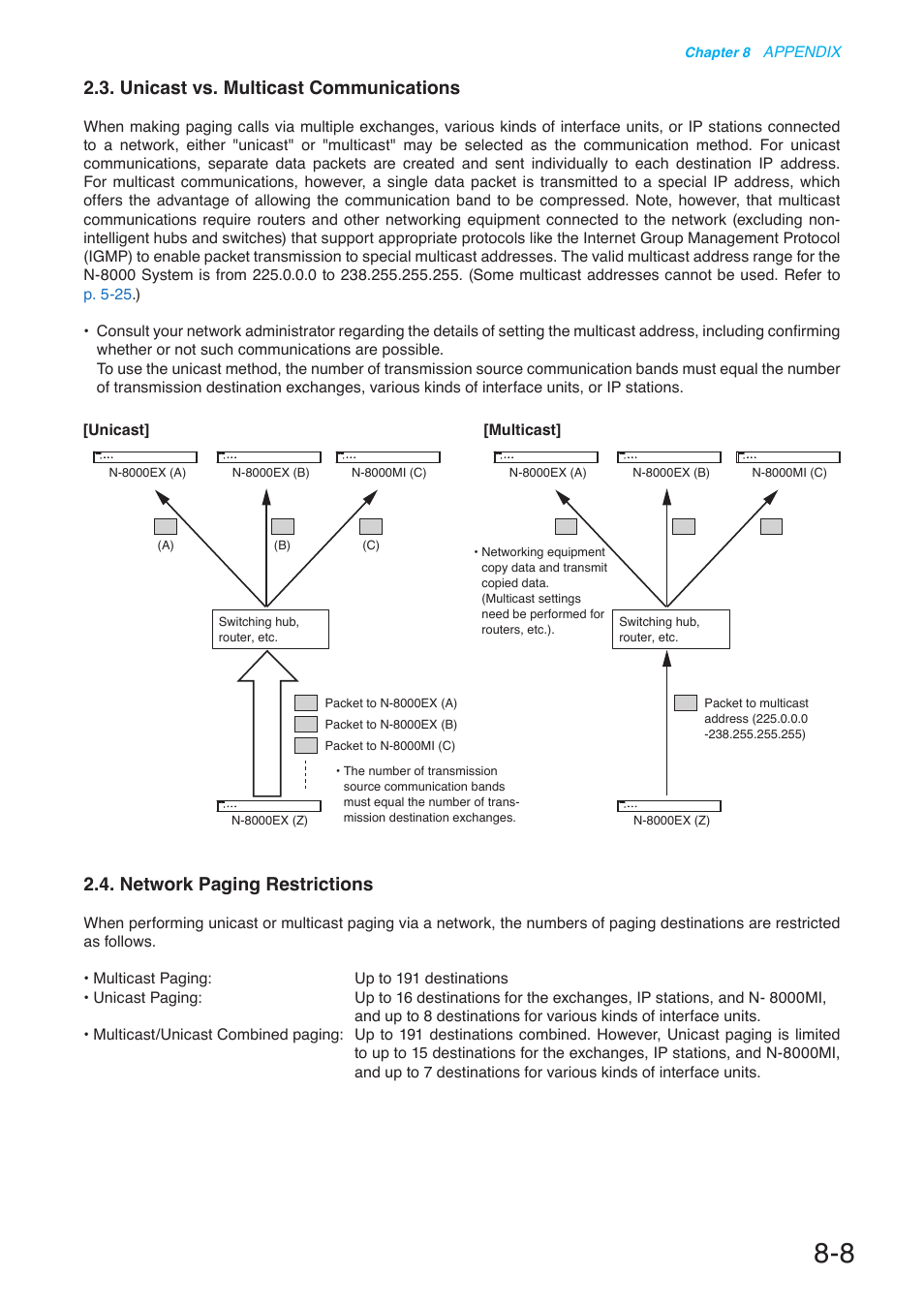 Unicast vs. multicast communications, Network paging restrictions | Toa N-8000 Series User Manual | Page 608 / 652