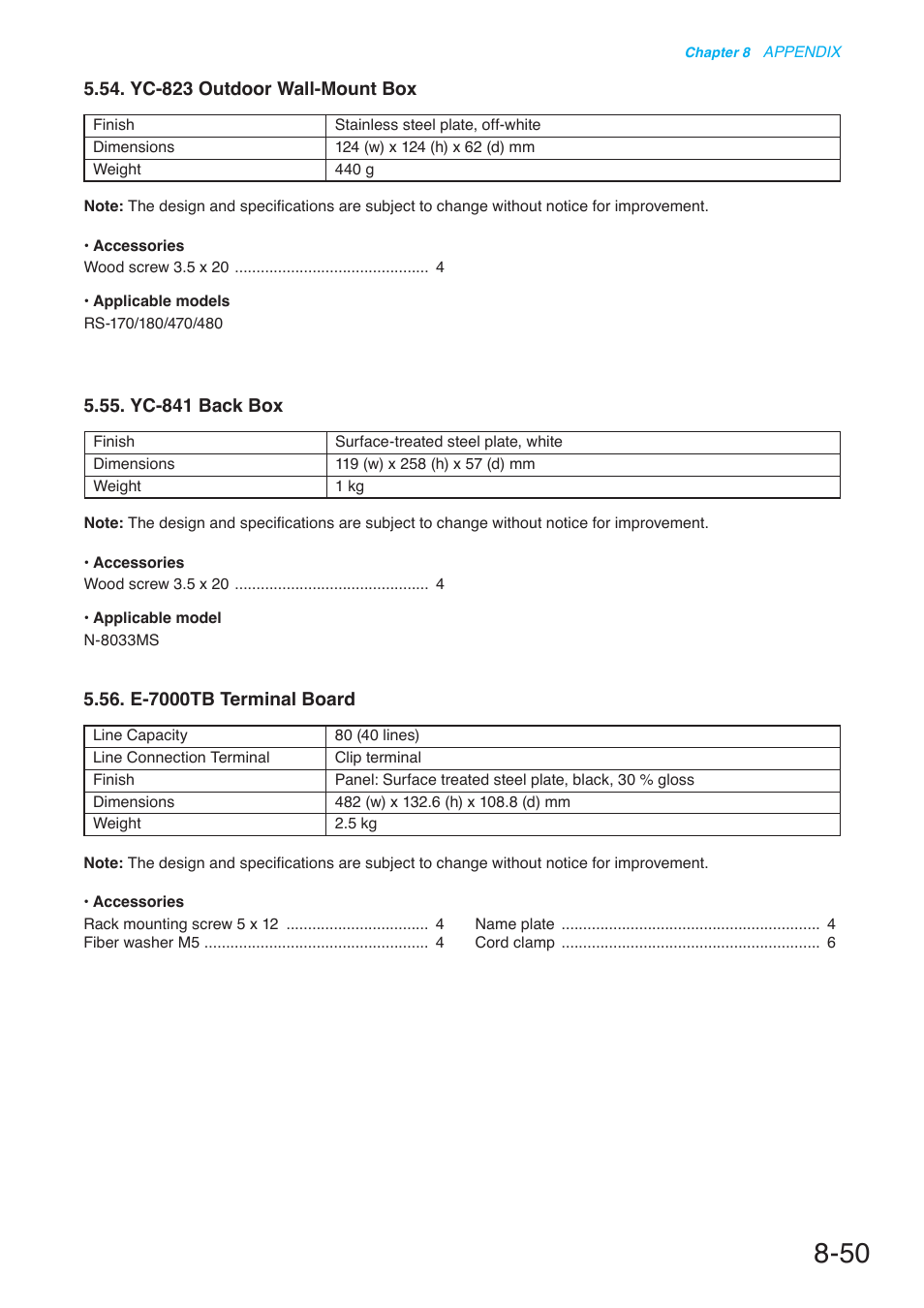 Yc-823 outdoor wall-mount box, Yc-841 back box, E-7000tb terminal board | Toa N-8000 Series User Manual | Page 650 / 652