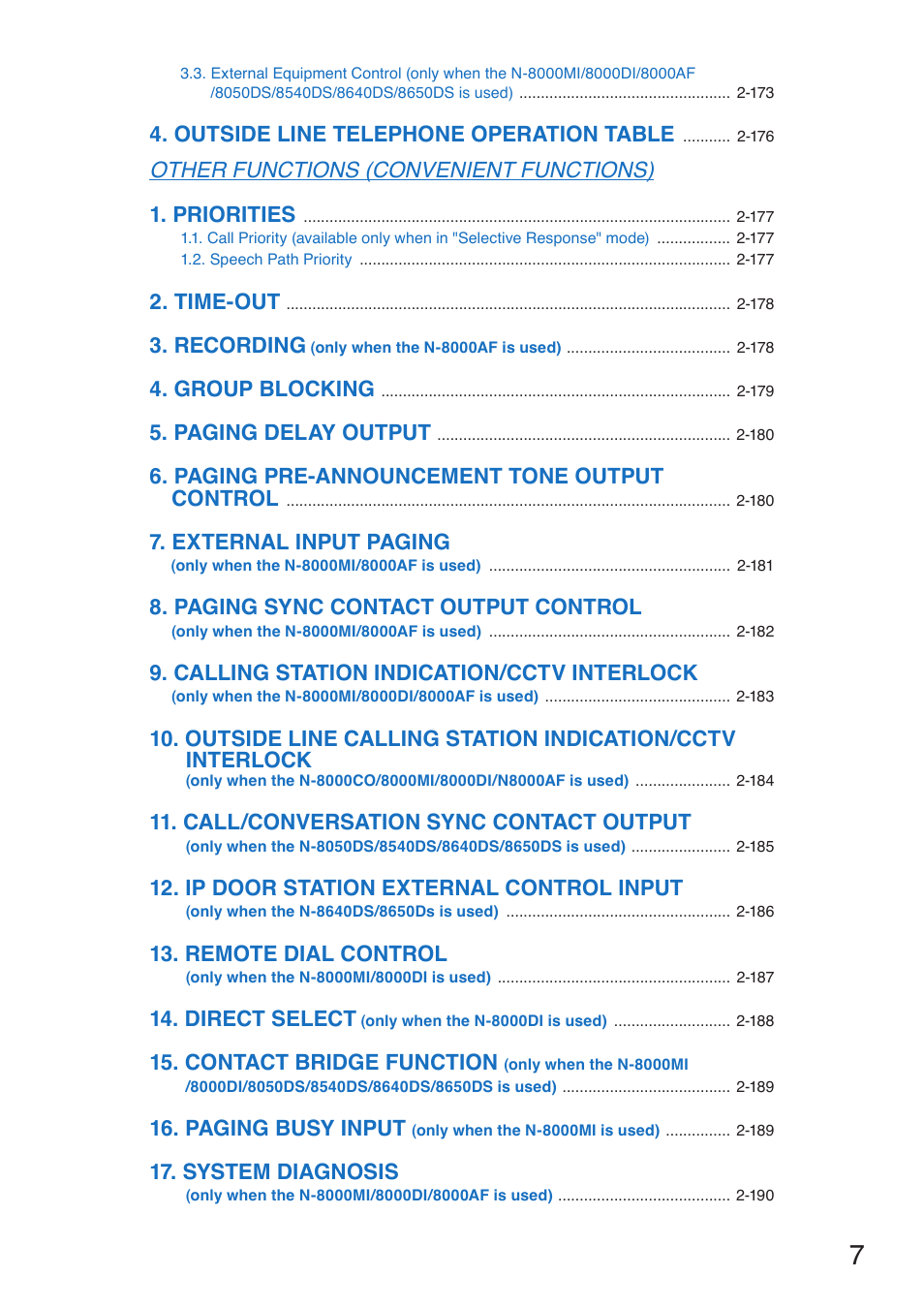 Outside line telephone operation table, Time-out, Recording | Group blocking, Paging delay output, Paging pre-announcement tone output control, External input paging, Paging sync contact output control, Calling station indication/cctv interlock, Call/conversation sync contact output | Toa N-8000 Series User Manual | Page 7 / 652