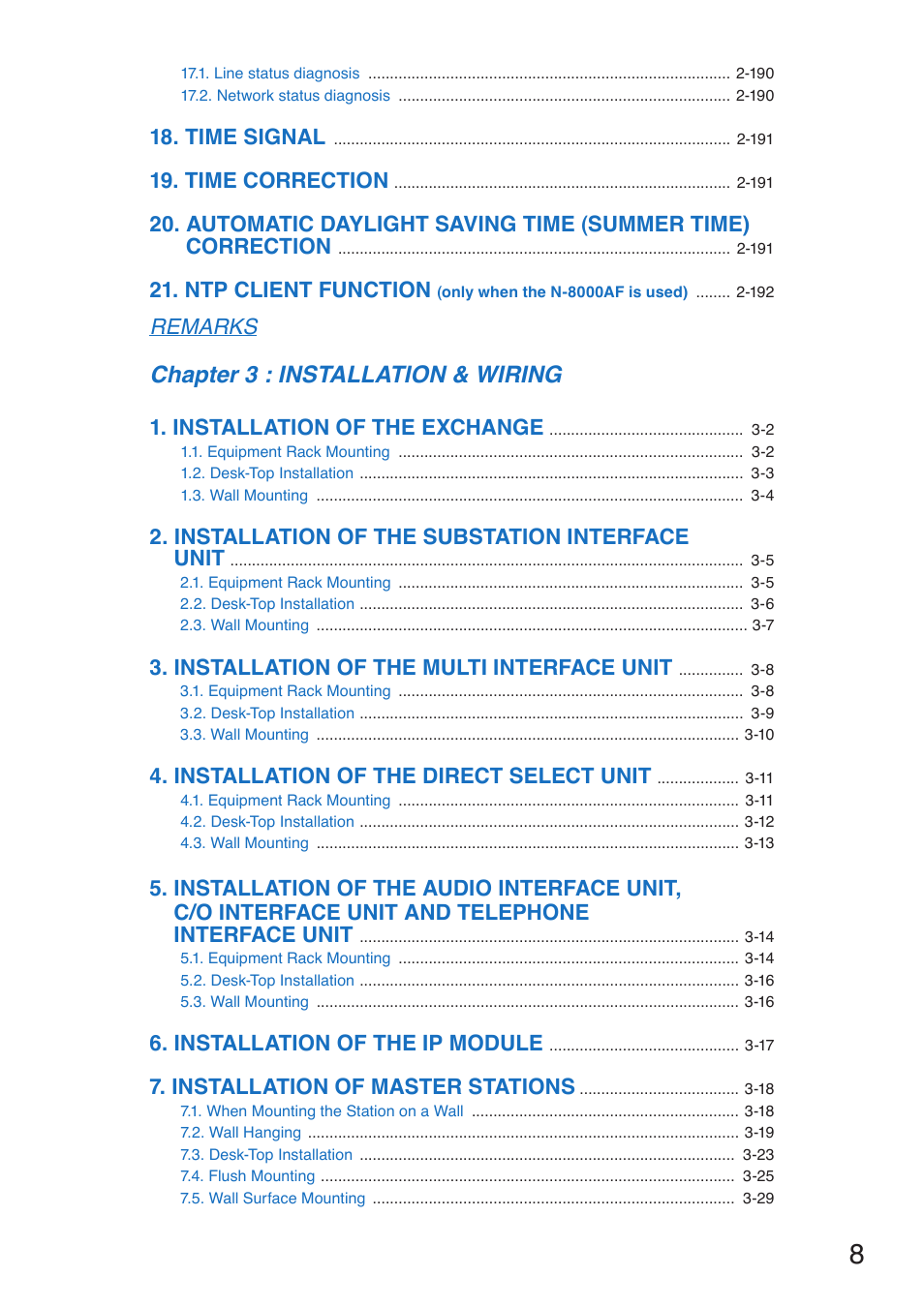 Chapter 3 : installation & wiring, Time signal, Time correction | Ntp client function, Remarks, Installation of the exchange, Installation of the substation interface unit, Installation of the multi interface unit, Installation of the direct select unit, Installation of the ip module | Toa N-8000 Series User Manual | Page 8 / 652