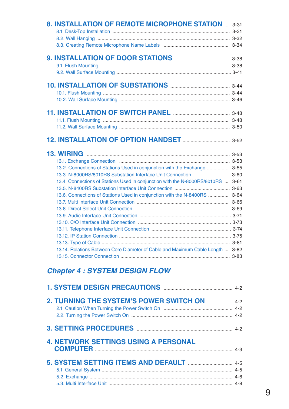 Chapter 4 : system design flow, Installation of remote microphone station, Installation of door stations | Installation of substations, Installation of switch panel, Installation of option handset, Wiring, System design precautions, Turning the system's power switch on, Setting procedures | Toa N-8000 Series User Manual | Page 9 / 652