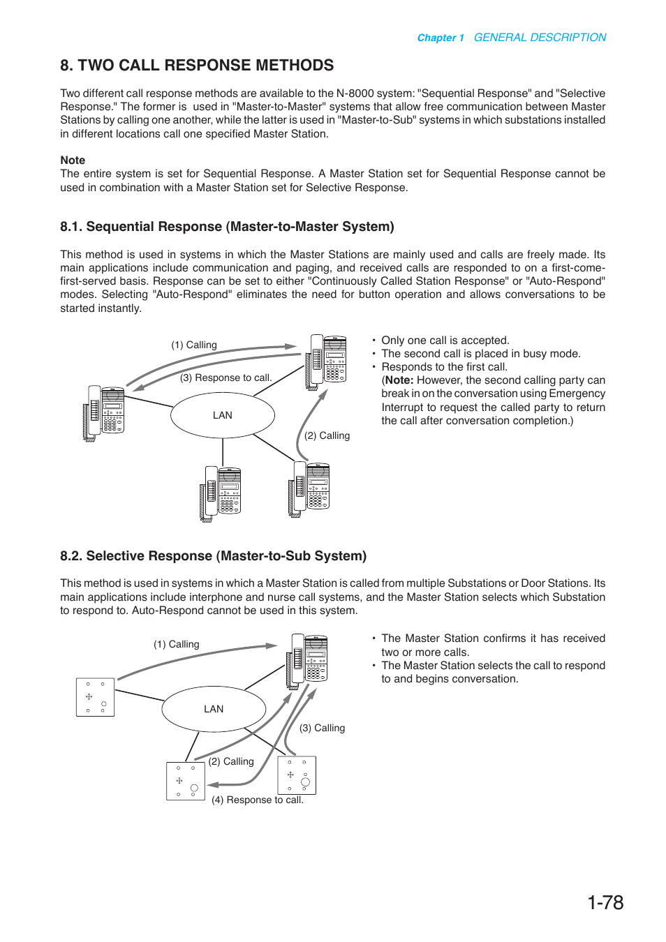 Two call response methods, Sequential response (master-to-master system), Selective response (master-to-sub system) | Toa N-8000 Series User Manual | Page 95 / 652