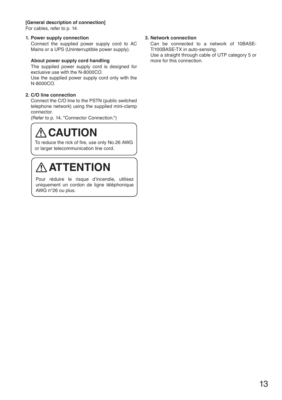 Caution, Attention | Toa N-8000CO User Manual | Page 13 / 16