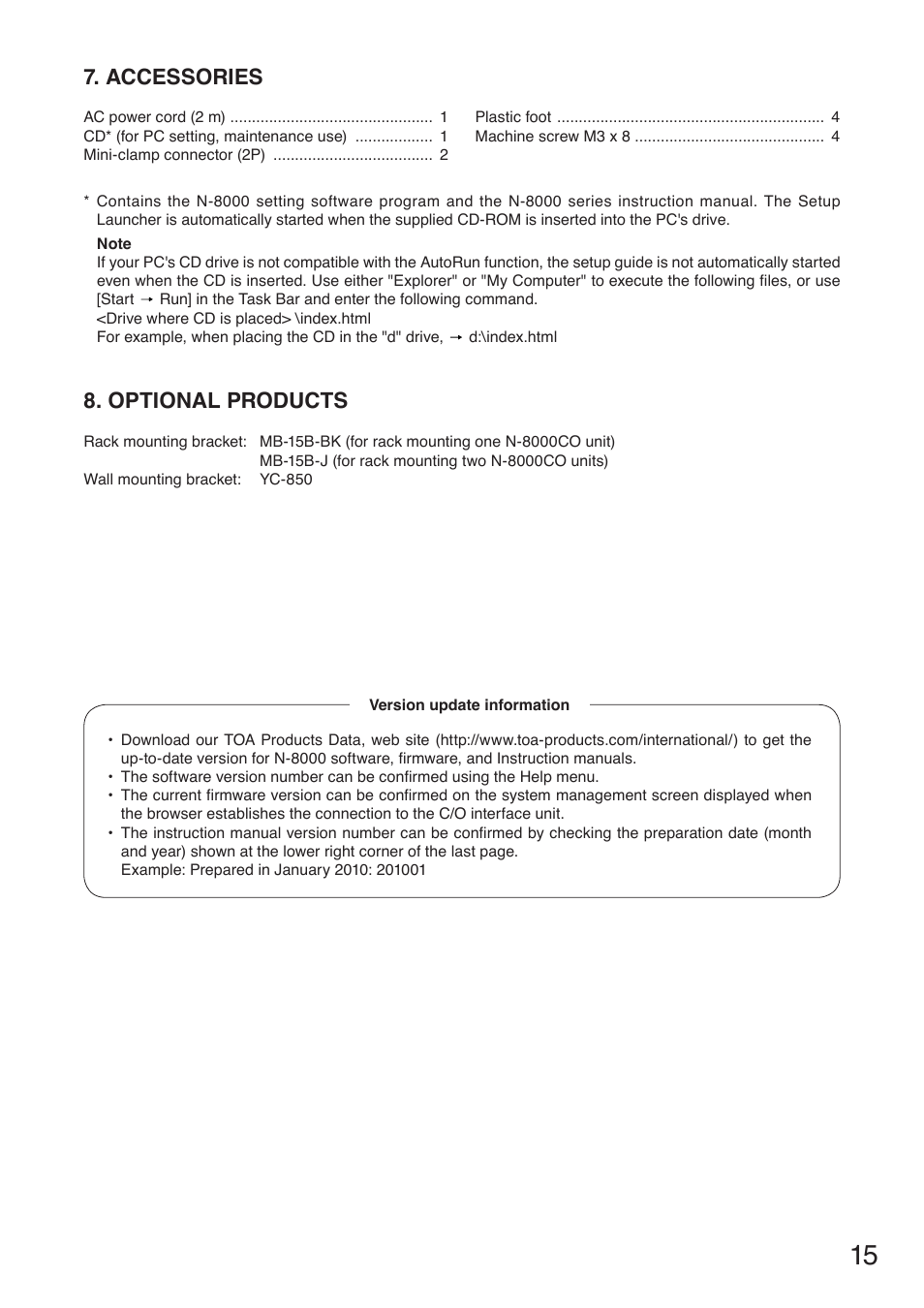 Accessories, Optional products, Accessories 8. optional products | Toa N-8000CO User Manual | Page 15 / 16