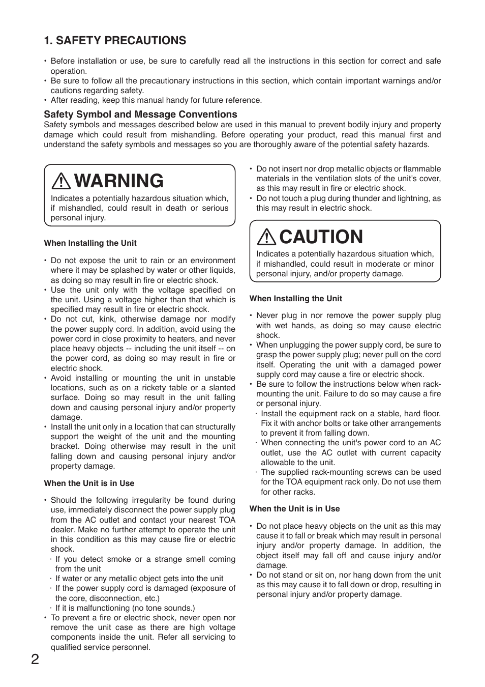 Safety precautions, Warning, Caution | Toa N-8000CO User Manual | Page 2 / 16