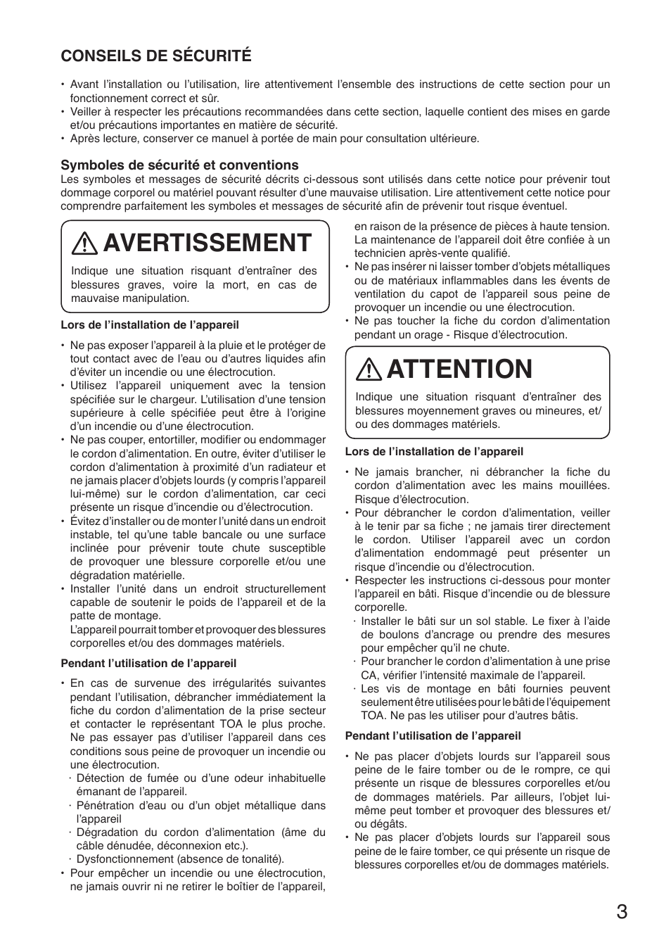 Attention, Avertissement, Conseils de sécurité | Toa N-8000CO User Manual | Page 3 / 16