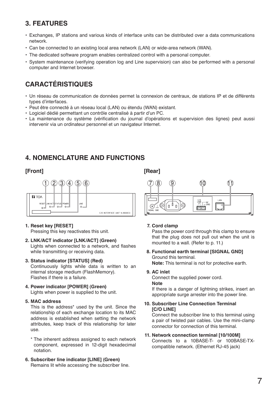 Features, Nomenclature and functions, Front | Rear, Features 4. nomenclature and functions, Caractéristiques | Toa N-8000CO User Manual | Page 7 / 16