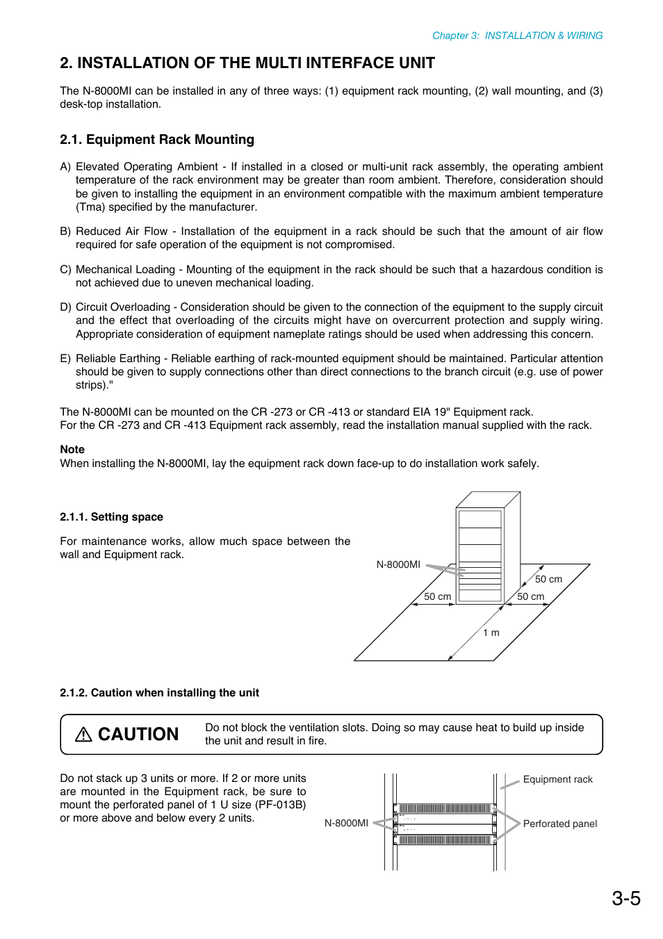 Installation of the multi interface unit, Equipment rack mounting, Setting space | Caution when installing the unit, Caution | Toa N-8000 Series Ver.1.41 User Manual | Page 101 / 269