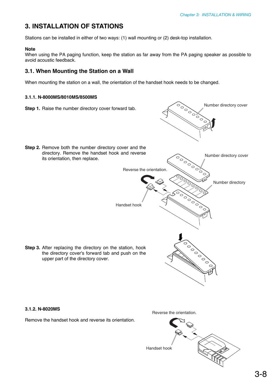 Installation of stations, When mounting the station on a wall, N-8000ms/8010ms/8500ms | N-8020ms | Toa N-8000 Series Ver.1.41 User Manual | Page 104 / 269