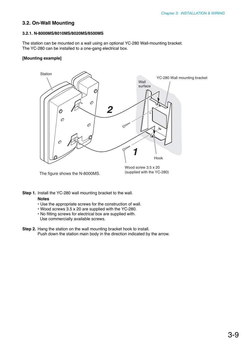 On-wall mounting, N-8000ms/8010ms/8020ms/8500ms, Refer to | P. 3-9, Bracket. (refer to | Toa N-8000 Series Ver.1.41 User Manual | Page 105 / 269