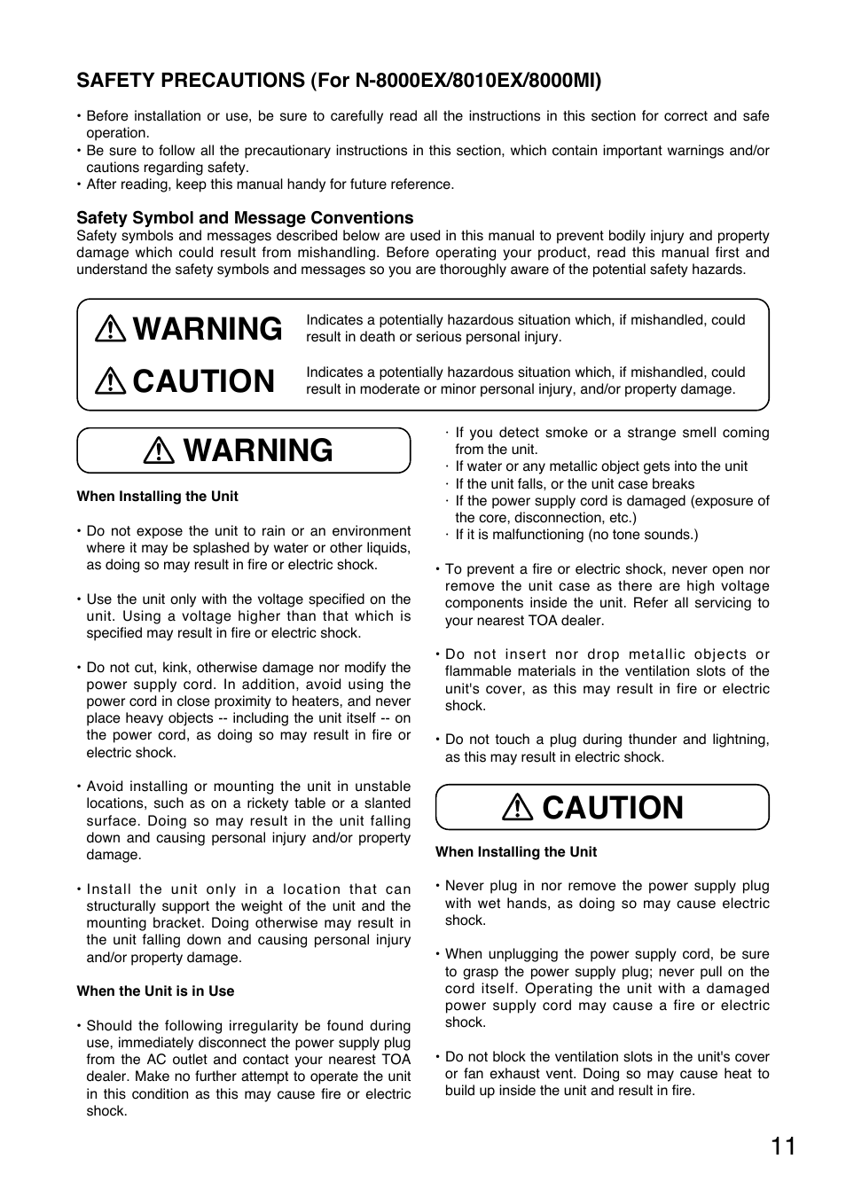 Safety precautions (for n-8000ex/8010ex/8000mi), Safety precautions (for n-8000ex and n-8000mi), Warning caution | Caution warning | Toa N-8000 Series Ver.1.41 User Manual | Page 11 / 269