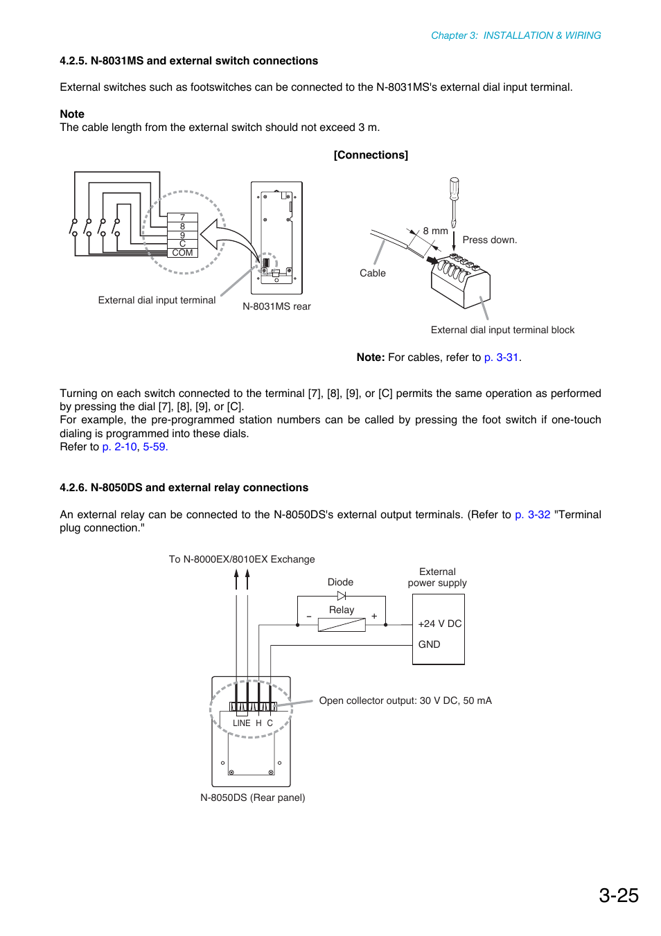 N-8031ms and external switch connections, N-8050ds and external relay connections, Connected. (refer to | P. 3-25, P. 2-38, p. 2-39, p. 3-25 | Toa N-8000 Series Ver.1.41 User Manual | Page 121 / 269