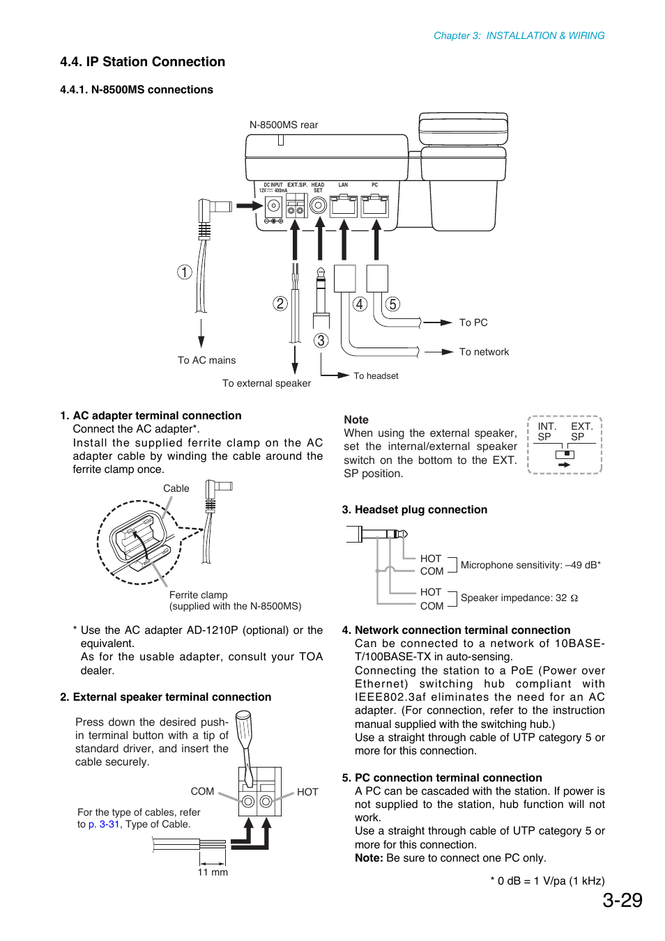 Ip station connection, N-8500ms connections, Connected to this terminal. (refer to | P. 3-29 | Toa N-8000 Series Ver.1.41 User Manual | Page 125 / 269